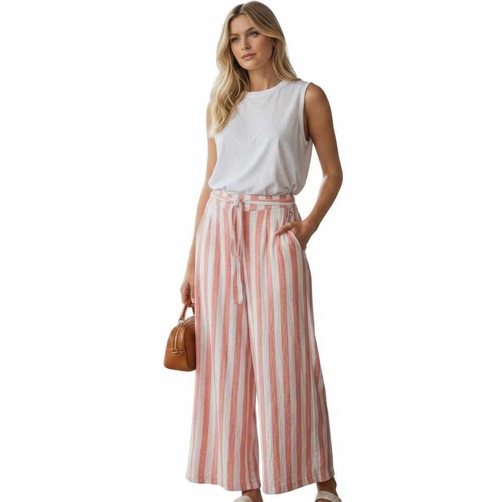 Volcom High Rise Wide Leg Pants Coral Stripe Flowy Coastal Resort Office Small